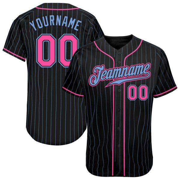 Custom Black Jersey, Personalized Black Baseball Jersey, Custom Black Light Blue Pinstripe Pink-Light Blue Authentic Baseball Jersey Jezsport.com