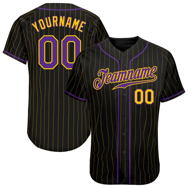 Custom Black Jersey, Personalized Black Baseball Jersey, Custom Baseball Jersey, Custom Black Gold Pinstripe Purple-Gold Authentic Baseball Jersey Jezsport.com