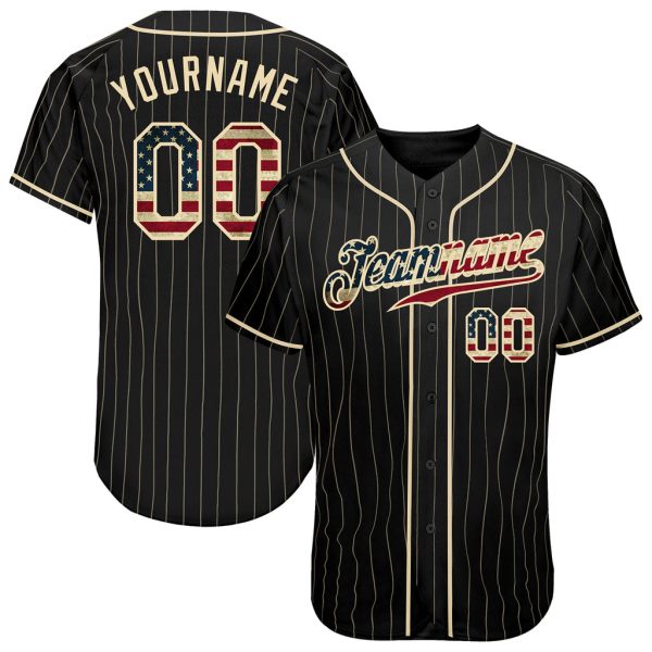 Custom Black Jersey, Personalized Black Baseball Jersey, Custom Black Cream Pinstripe Vintage USA Flag-Cream Authentic Baseball Jersey Jezsport.com