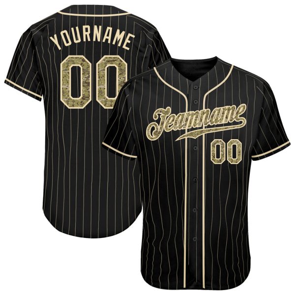 Custom Black Jersey, Personalized Black Baseball Jersey, Custom Baseball Jersey, Custom Black Cream Pinstripe Camo-Cream Authentic Baseball Jersey Jezsport.com