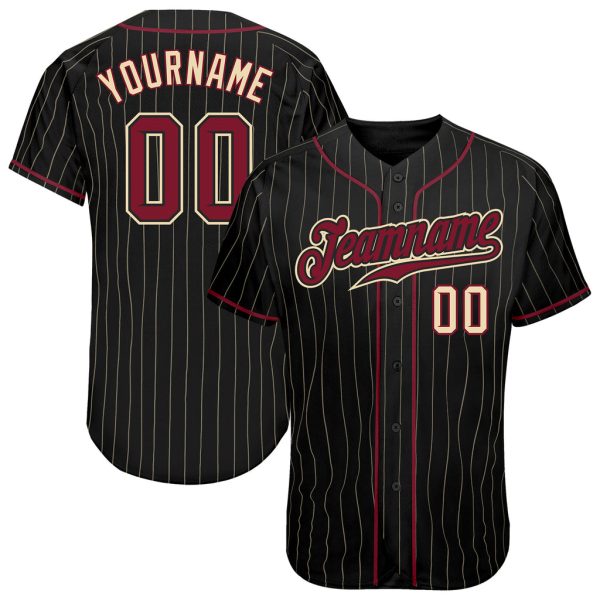 Custom Black Jersey, Personalized Black Baseball Jersey, Custom Baseball Jersey, Custom Black Cream Pinstripe Crimson-Cream Authentic Baseball Jersey Jezsport.com