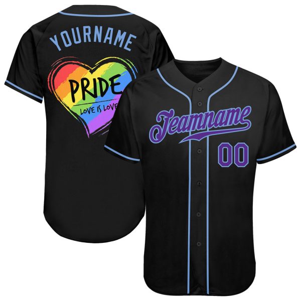 Custom Black Jersey, Personalized Black Baseball Jersey, Custom Black Purple-Light Blue Rainbow Colored Heart For Pride LGBT Authentic Baseball Jersey Jezsport.com