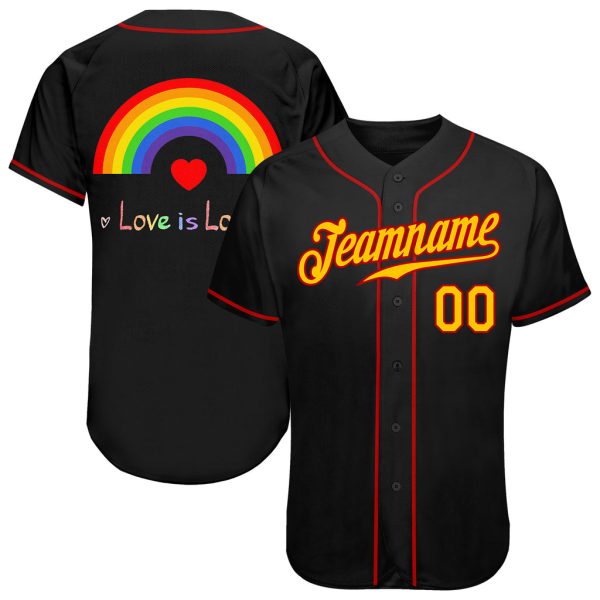 Custom Black Jersey, Personalized Black Baseball Jersey, Custom Black Gold-Red Rainbow For Pride Month Love LGBT Authentic Baseball Jersey Jezsport.com