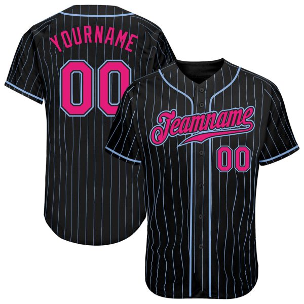 Custom Black Jersey, Personalized Black Baseball Jersey, Custom Black Light Blue Pinstripe Hot Pink-Light Blue Authentic Baseball Jersey Jezsport.com