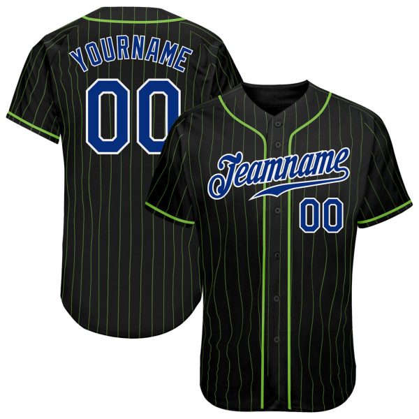 Custom Black Jersey, Personalized Black Baseball Jersey, Custom Black Neon Green Pinstripe Royal-White Authentic Baseball Jersey Jezsport.com