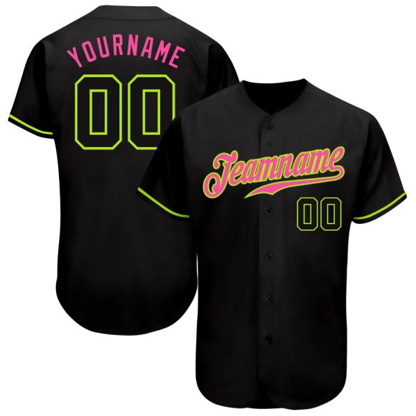 Custom Black Jersey, Personalized Black Baseball Jersey, Custom Baseball Jersey, Custom Black Black Neon Green-Pink Authentic Baseball Jersey Jezsport.com