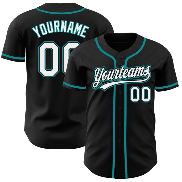 Custom Black Jersey, Personalized Black Baseball Jersey, Custom Baseball Jersey, Custom Black White-Teal Authentic Baseball Jersey Jezsport.com