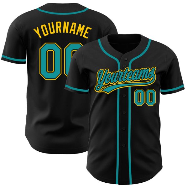 Custom Black Jersey, Personalized Black Baseball Jersey, Custom Baseball Jersey, Custom Black Teal-Gold Authentic Baseball Jersey Jezsport.com