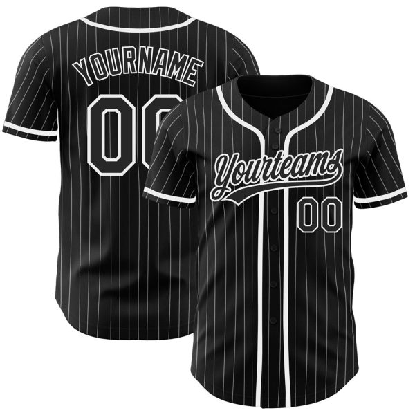 Custom Black Jersey, Personalized Black Baseball Jersey, Custom Baseball Jersey, Custom Black White Pinstripe Black Authentic Baseball Jersey Jezsport.com