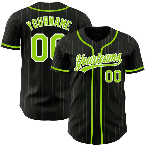 Custom Black Jersey, Personalized Black Baseball Jersey, Custom Black Neon Green Pinstripe Neon Green Authentic Baseball Jersey Jezsport.com