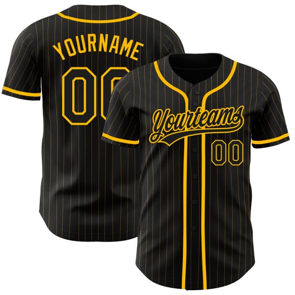 Custom Black Jersey, Personalized Black Baseball Jersey, Custom Baseball Jersey, Custom Black Gold Pinstripe Black Authentic Baseball Jersey Jezsport.com