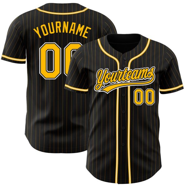 Custom Black Jersey, Personalized Black Baseball Jersey, Custom Baseball Jersey, Custom Black Gold Pinstripe Gold-White Authentic Baseball Jersey Jezsport.com