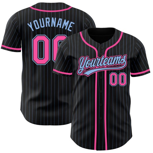 Custom Black Jersey, Personalized Black Baseball Jersey, Custom Baseball Jersey, Custom Black Light Blue Pinstripe Pink Authentic Baseball Jersey Jezsport.com