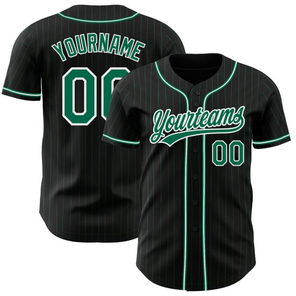 Custom Black Jersey, Personalized Black Baseball Jersey, Custom Black Kelly Green Pinstripe Kelly Green-White Authentic Baseball Jersey Jezsport.com