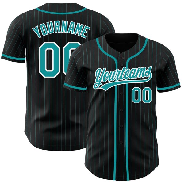 Custom Black Jersey, Personalized Black Baseball Jersey, Custom Baseball Jersey, Custom Black Teal Pinstripe Teal-White Authentic Baseball Jersey Jezsport.com