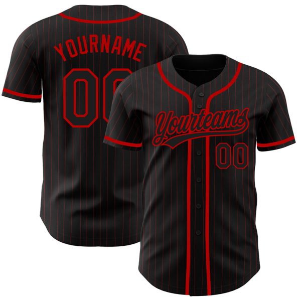 Custom Black Jersey, Personalized Black Baseball Jersey, Custom Baseball Jersey, Custom Black Red Pinstripe Black Authentic Baseball Jersey Jezsport.com