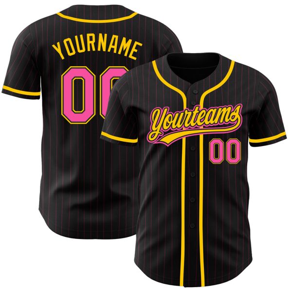 Custom Black Jersey, Personalized Black Baseball Jersey, Custom Baseball Jersey, Custom Black Pink Pinstripe Pink-Yellow Authentic Baseball Jersey Jezsport.com