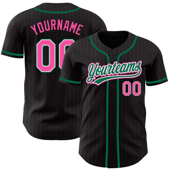 Custom Black Jersey, Personalized Black Baseball Jersey, Custom Baseball Jersey, Custom Black Pink Pinstripe Pink-Kelly Green Authentic Baseball Jersey Jezsport.com