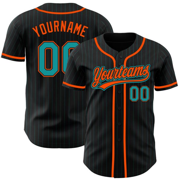 Custom Black Jersey, Personalized Black Baseball Jersey, Custom Baseball Jersey, Custom Black Teal Pinstripe Teal-Orange Authentic Baseball Jersey Jezsport.com