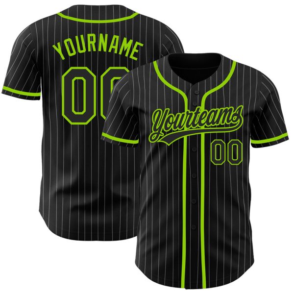 Custom Black Jersey, Personalized Black Baseball Jersey, Custom Baseball Jersey Black White Pinstripe Black-Neon Green Authentic Baseball Jersey Jezsport.com