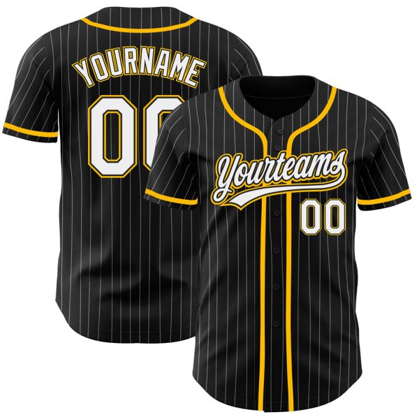 Custom Black Jersey, Personalized Black Baseball Jersey, Custom Baseball Jersey, Custom Black White Pinstripe White-Gold Authentic Baseball Jersey Jezsport.com