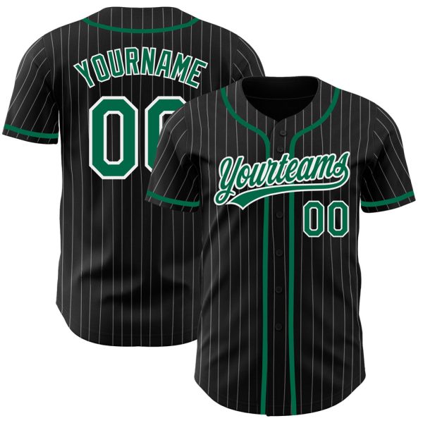 Custom Black Jersey, Personalized Black Baseball Jersey, Custom Baseball Jersey, Custom Black White Pinstripe Kelly Green Authentic Baseball Jersey Jezsport.com