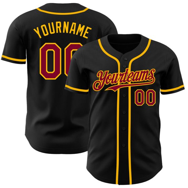 Custom Black Jersey, Personalized Black Baseball Jersey, Custom Baseball Jersey, Custom Black Maroon-Gold Authentic Baseball Jersey Jezsport.com