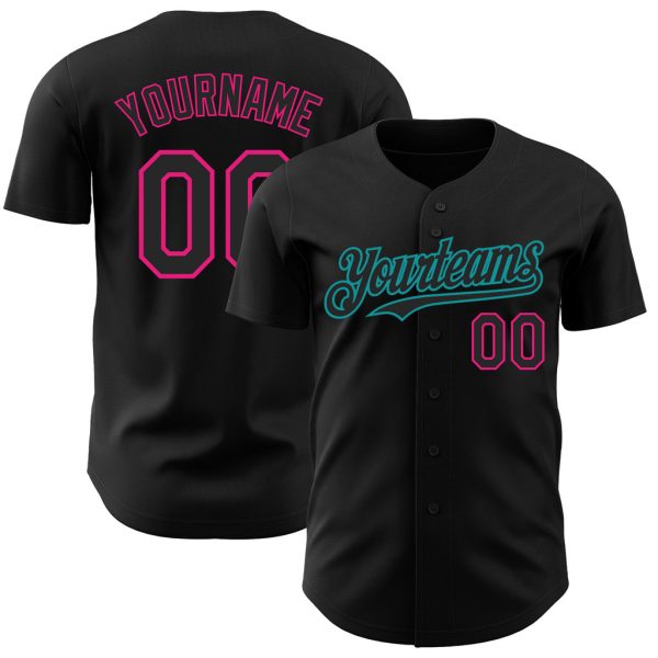 Custom Black Jersey, Personalized Black Baseball Jersey, Custom Baseball Jersey, Custom Black Hot Pink-Teal Authentic Baseball Jersey Jezsport.com