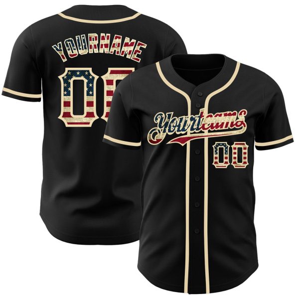 Custom Black Jersey, Personalized Black Baseball Jersey, Custom Baseball Jersey, Custom Black Vintage USA Flag-Cream Authentic Baseball Jersey Jezsport.com