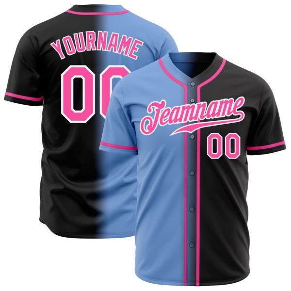 Custom Black Jersey, Personalized Black Baseball Jersey, Custom Black Pink Light Blue-White Authentic Gradient Fashion Baseball Jersey Jezsport.com