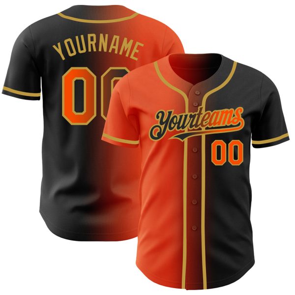 Custom Black Jersey, Personalized Black Baseball Jersey, Custom Baseball Jersey Black Orange-Old Gold Authentic Gradient Fashion Baseball Jersey Jezsport.com