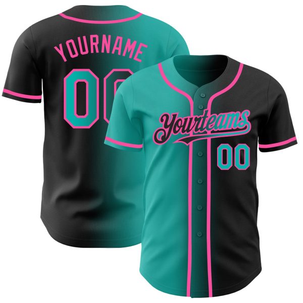 Custom Black Jersey, Personalized Black Baseball Jersey, Custom Baseball Jersey, Custom Black Aqua-Pink Authentic Gradient Fashion Baseball Jersey Jezsport.com