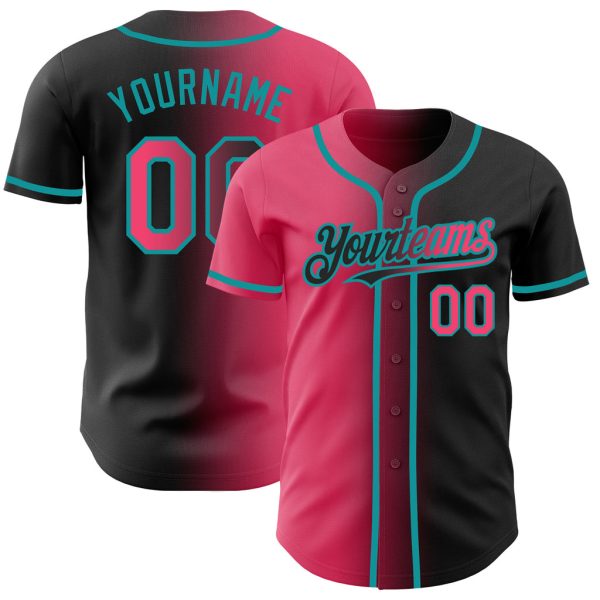 Custom Black Jersey, Personalized Black Baseball Jersey, Custom Baseball Jersey Black Neon Pink-Teal Authentic Gradient Fashion Baseball Jersey Jezsport.com