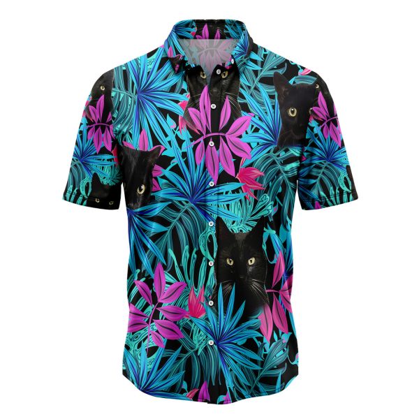 Black Cat Tropical Leaves Hawaiian Shirt Summer Shirt For Men and Women Jezsport.com