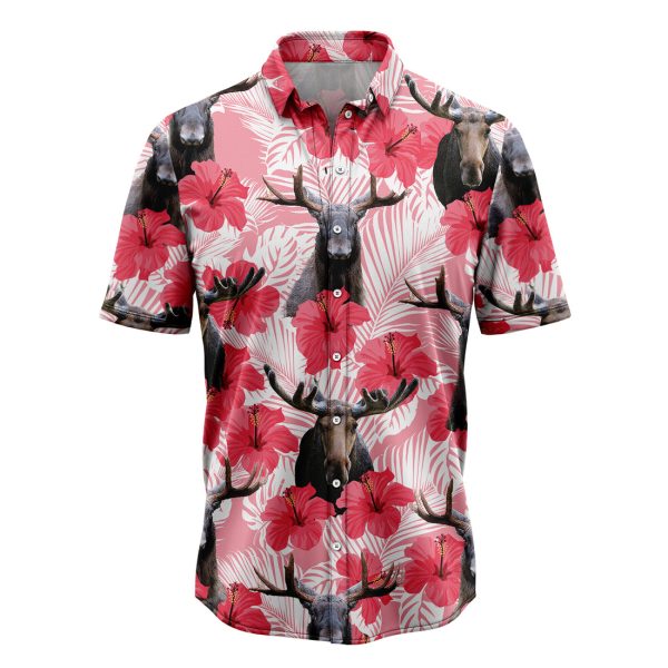 Moose Tropical Flowers Hibiscus Hawaiian Shirt Summer Shirt For Men and Women Jezsport.com