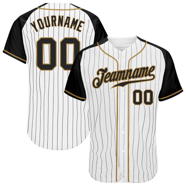 Custom Black Jersey, Personalized Black Baseball Jersey, Custom White Black Pinstripe Black-Old Gold Authentic Raglan Sleeves Baseball Jersey Jezsport.com