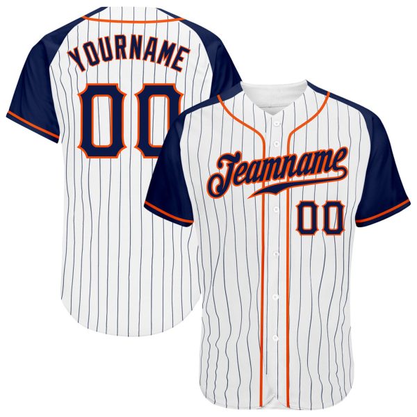 Custom Black Jersey, Personalized Black Baseball Jersey, Custom White Pinstripe Navy-Orange Authentic Raglan Sleeves Baseball Jersey Jezsport.com