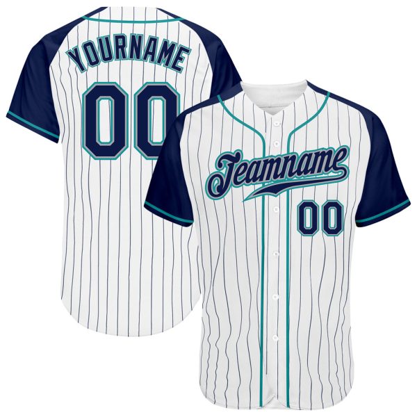 Custom Black Jersey, Personalized Black Baseball Jersey, Custom White Pinstripe Navy-Teal Authentic Raglan Sleeves Baseball Jersey Jezsport.com