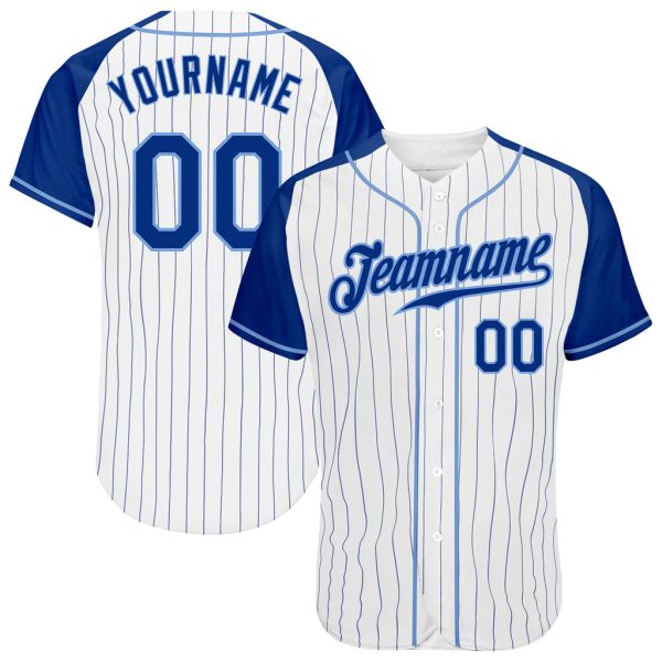 Custom Black Jersey, Personalized Black Baseball Jersey, Custom White Royal Pinstripe Royal-Light Blue Authentic Raglan Sleeves Baseball Jersey Jezsport.com