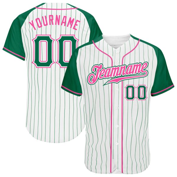 Custom Black Jersey, Personalized Black Baseball Jersey, Custom White Kelly Green Pinstripe Green-Pink Authentic Raglan Sleeves Baseball Jersey Jezsport.com