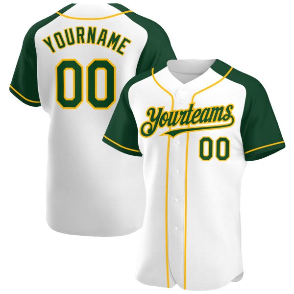 Custom Black Jersey, Personalized Black Baseball Jersey, Custom Baseball Jersey, Custom White Green-Gold Authentic Raglan Sleeves Baseball Jersey Jezsport.com