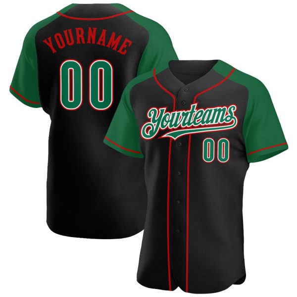 Custom Black Jersey, Personalized Black Baseball Jersey, Custom Black Kelly Green-Red Authentic Raglan Sleeves Baseball Jersey Jezsport.com