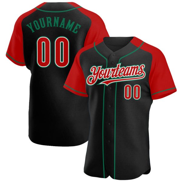 Custom Black Jersey, Personalized Black Baseball Jersey, Custom Baseball Jersey, Custom Black Red-Kelly Green Authentic Raglan Sleeves Baseball Jersey Jezsport.com