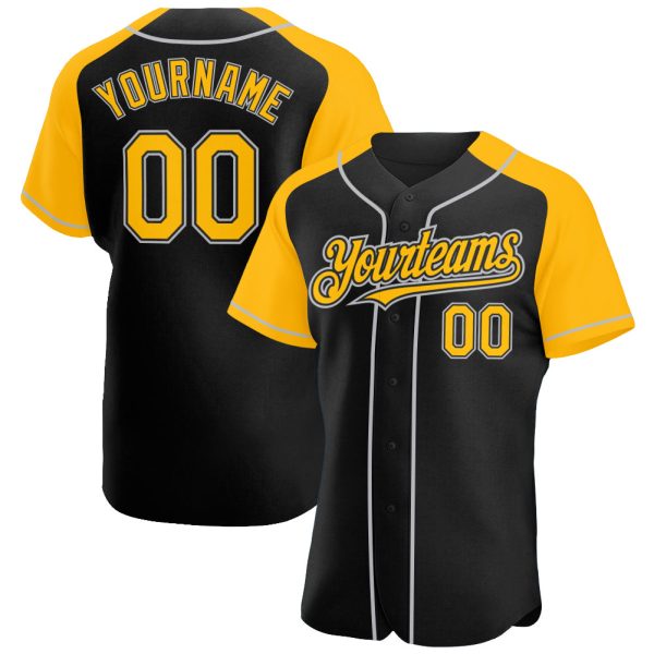 Custom Black Jersey, Personalized Black Baseball Jersey, Custom Baseball Jersey, Custom Black Gold-Gray Authentic Raglan Sleeves Baseball Jersey Jezsport.com