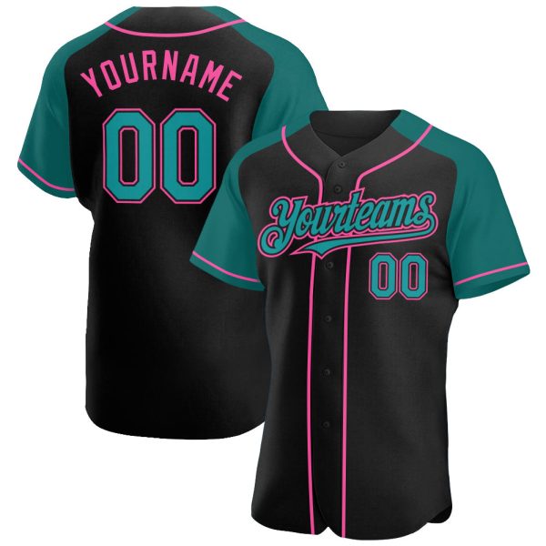 Custom Black Jersey, Personalized Black Baseball Jersey, Custom Baseball Jersey, Custom Black Teal-Pink Authentic Raglan Sleeves Baseball Jersey Jezsport.com