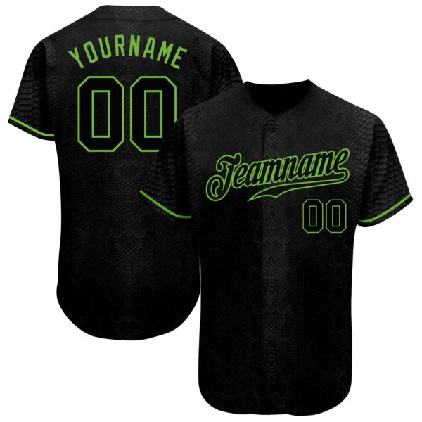 Custom Black Jersey, Personalized Black Baseball Jersey, Custom Baseball Jersey, Custom Black Snakeskin Black-Neon Green Authentic Baseball Jersey Jezsport.com