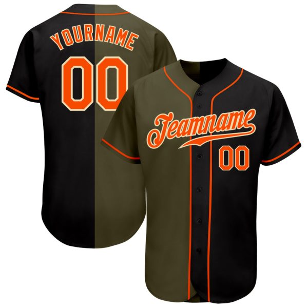 Custom Black Jersey, Personalized Black Baseball Jersey, Custom Black Orange Olive-Cream Authentic Split Fashion Baseball Jersey Jezsport.com