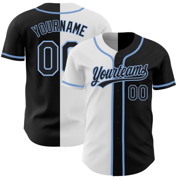 Custom Black Jersey, Personalized Black Baseball Jersey, Custom Black Black White-Light Blue Authentic Split Fashion Baseball Jersey Jezsport.com