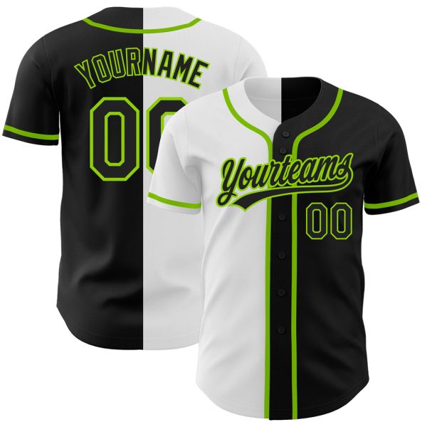 Custom Black Jersey, Personalized Black Baseball Jersey, Custom Black Black White-Neon Green Authentic Split Fashion Baseball Jersey Jezsport.com