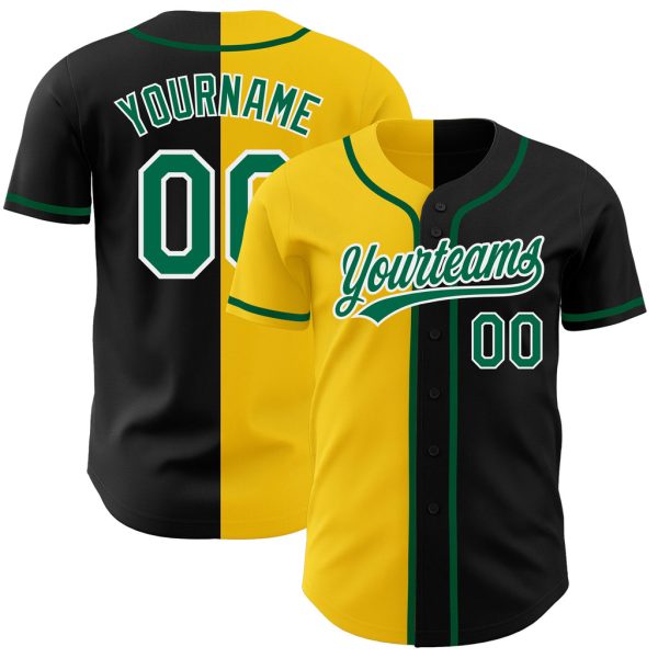 Custom Black Jersey, Personalized Black Baseball Jersey, Custom Black Kelly Green-Yellow Authentic Split Fashion Baseball Jersey Jezsport.com